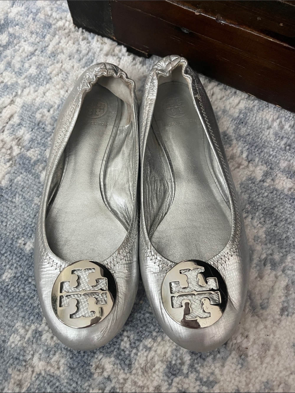Tory Burch Metallic Silver Logo Ballet Flats